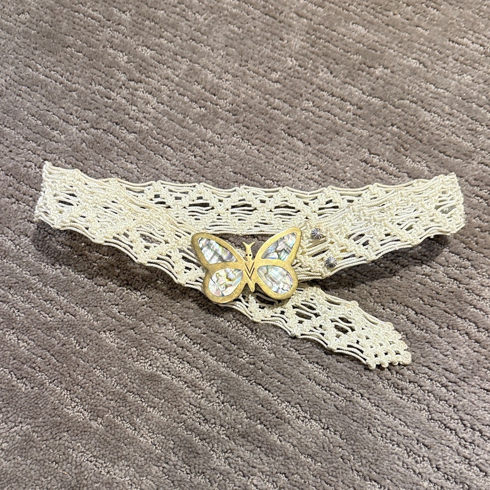 Vintage Cream Macrame Belt with Brass and Abalone Shell Butterfly Buckle - Picture 6 of 7